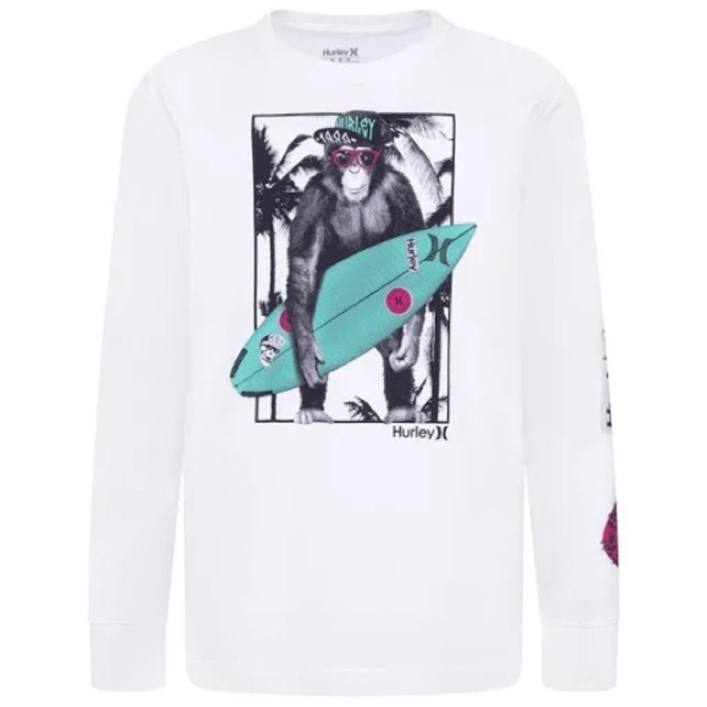 Hurley White Long Sleeve “Still in Biz”w/Surfing Monkey Design Size 10-12 NWOT